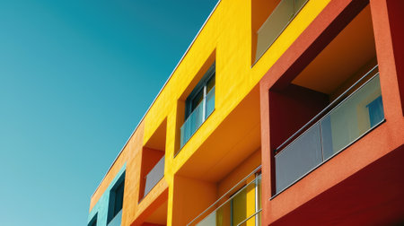 The colourful structure under the bright clear blue sky with the ray of light from brightest sun that cover most part of the building but even that the structure still left some the shadow. AIGX03.の素材