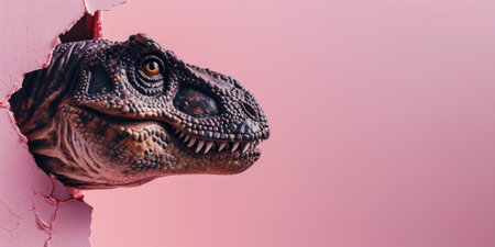 Close up view picture of the hollow pink hole on the the wall that show the t.rex stay inside the wall that has been made from some material yet still can break to look through the other side. AIGX03.の素材