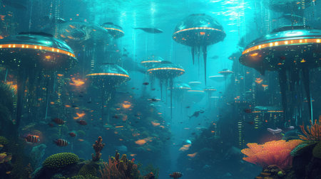 An underwater city with bioluminescent coral, schools of colorful fish, and ancient ruins, all illuminated by the eerie glow of an underwater volcano. Resplendent.の素材