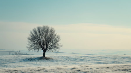 The picture of the single tree that has been covered with white snow in the middle of the empty snow land in the winter season and light from the sun can make everything bright clear on land. AIGX03.の素材