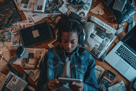 The top view of picture that about young african american human laying down and listening to the music and focused in the full of the thought and music with room that surrounded with devices. AIGX03.の素材