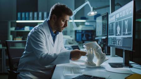 A white-collar worker in a lab coat gestures while holding a knee joint model in front of a computer screen. AIG41の素材