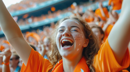 A joyful fan at a soccer event, happily shouting and gesturing with his arms in the air, showcasing his love for the game. AIG41の素材