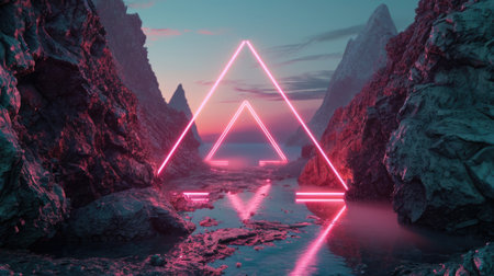 The great pink floating triangle beyond the river that surrounded with a lot amount of the tall mountains at the dawn or dusk time of the day that shine light to the every part of the picture. AIGX03.の素材