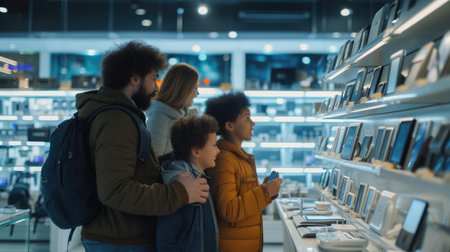 A family is exploring books at a library, having fun and browsing through various genres. They discuss different patterns, travel, and art concepts. AIG41の素材