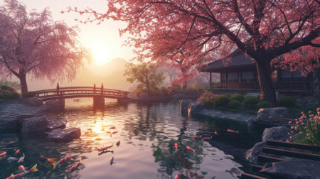 A serene Zen garden at sunrise, with a gently flowing stream, cherry blossoms in full bloom, and a quaint wooden bridge. Resplendent.の素材