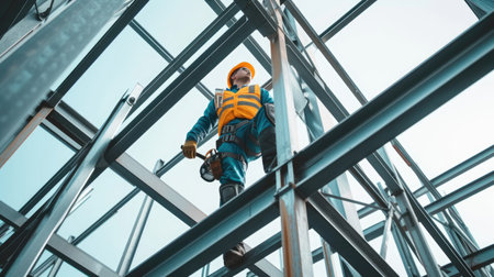 A man in workwear with a red jumpsuit, helmet, and engineering tools stands on a ladder in a building amidst the citys steel and metal structures. AIG41の素材