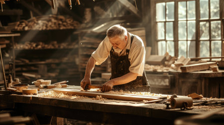 An experienced artisan carefully shapes wooden elements, demonstrating the art of fine woodworking in his cluttered workshop. AIG41の素材