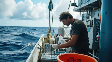 A marine scientist examines water samples on a research vessel, conducting environmental analysis on the open sea. AIG41の素材