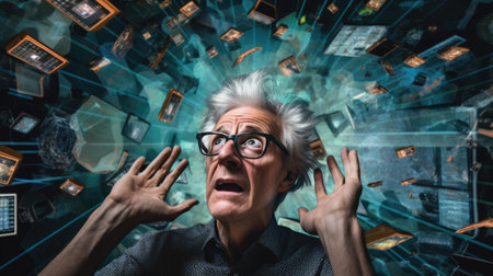 Business person overloaded by stress from business data and information that come from work, technology, social media and marketing business strategy received by a corporate employeeの素材