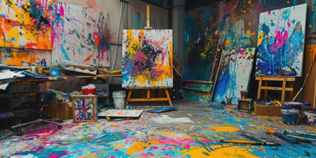 An artists studio in full creative chaos, paint splattered everywhere, canvases in various stages of completion, vibrant colors clashing and blending. Resplendent.の素材