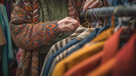 Close-up of a persons hands browsing through a colorful selection of clothing at a vintage fashion store. AIG41の素材