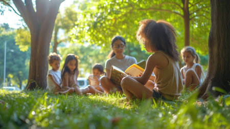 A joyful group of people enjoying the natural landscape, sitting on the grass in a park surrounded by trees and terrestrial plants. AIG41の素材