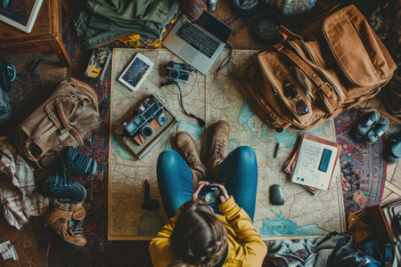 The picture of the young or adult caucasian female human focus and looking at the map of the world in the small room that has been filled with various object under a bright sun in the daytime. AIGX03.の素材