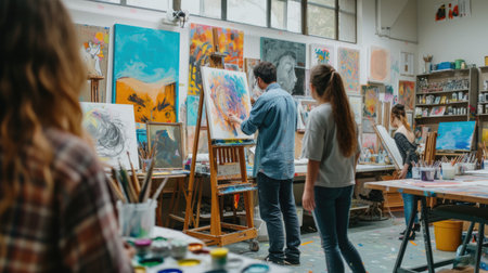 A group of individuals are seated around tables, enjoying an artistic event in a studio furnished with chairs and tables. This leisurely gathering fosters sharing and appreciation of visual artsの素材