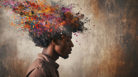 The picture that about the human face with different facial expression with colourful blowing effect near their head that can be portrayed feeling when they received too much the information. AIGX03.の素材