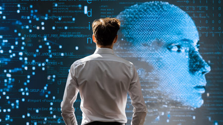 Young Male Programmer Engaged in AI Engineering: Analyzing Software Through LISP Open Bot Hologram...