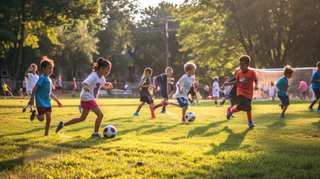 A group of players are enjoying a game of soccer on a grassfield under the blue sky, surrounded by trees and lush green landscape. AIG41の素材