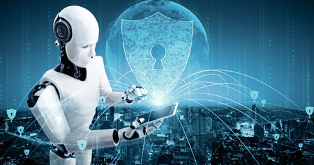 XAI 3d illustration AI robot using cyber security to protect information privacy. Futuristic concept...
