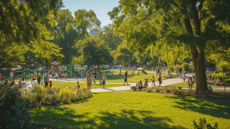A group of people enjoying leisure activities in a park with a playground, surrounded by natural landscapes, trees, grass, and plants. AIG41の素材