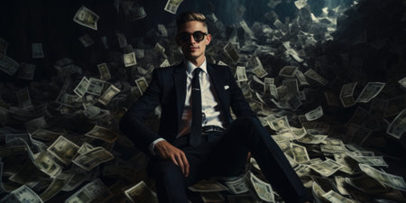Billionaire on Huge Pile of Banknotes Rich and Prosperity Comelinessの素材