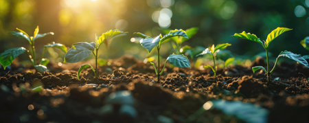 The growing little tiny green plants on the soil and dirt that has been received the source of the food from the bright light of the morning sun at the daytime in the summer or spring of year. AIGX03.の素材