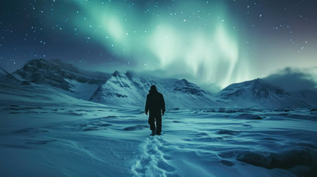 The picture of young or adult human that walking in the north pole or south pole and staring into the sky that fill with aurora and star in the night time yet the bright with aurora or star. AIGX03.の素材
