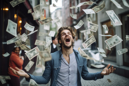Happy person getting bonus money and banknotes flying in the air and get lucky rich and financial freedom comelinessの素材