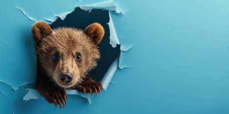 Close up view picture of the hollow blue hole on the the wall that show the bear stay inside the wall that has been made from some material yet still can be break to look through other side. AIGX03.の素材