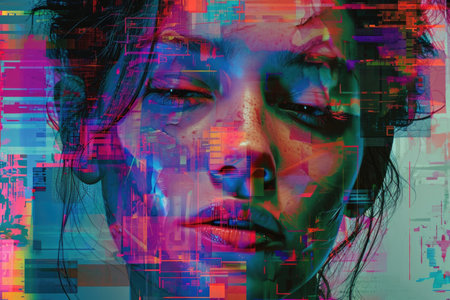 The close up picture of human face with emotionless expression that the picture has neon glitch effect that feels like from scifi or science fiction futuristic cyberpunk artstyle yet dystopia. AIGX01.の素材