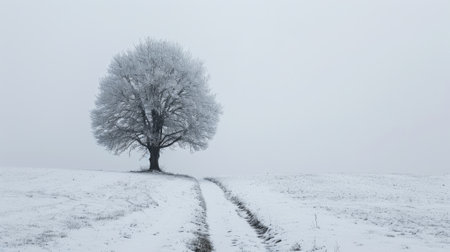 The picture of the single tree that has been covered with white snow in the middle of the empty snow land in the winter season and light from the sun can make everything bright clear on land. AIGX03.の素材