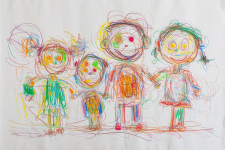 The hand drawing colourful picture of the group of the human family that has been drawn by the colored pencil, crayon or color chalk on the white background that seem to be drawn by the child. AIGX01.の素材