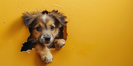 Close up view picture of the hollow yellow hole on the the wall that show the dog stay inside the wall that has been made from some material yet still can break to look through the other side. AIGX03.の素材