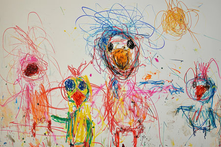 The hand drawing colourful picture of the group of the various type of chicken that has been drawn by the colored pencil or crayon on the white background that seem to be drawn by the child. AIGX01.の素材