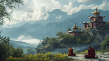 Monks in orange robes engage in peaceful meditation at sunrise, with the backdrop of a traditional mountain temple and misty, rolling hills. Resplendent.の素材