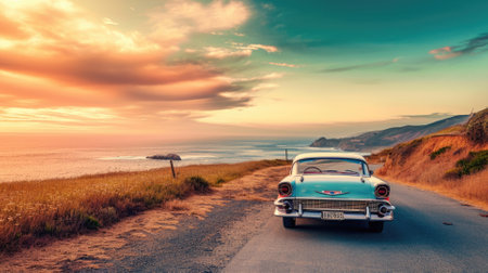 A vintage car parked on a winding coastal road overlooking the ocean, with a stunning sunset in the background creating a nostalgic scene. Resplendent.の素材