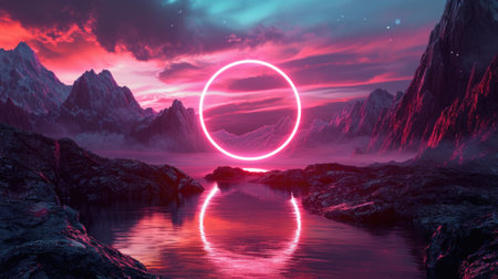 The great pink floating circle beyond the river that surrounded with a lot amount of the tall mountains at the dawn or dusk time of the day that shine light to the every part of the picture. AIGX03.の素材