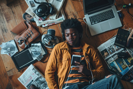 The top view of picture that about young african american human laying down and listening to the music and focused in the full of the thought and music with room that surrounded with devices. AIGX03.の素材