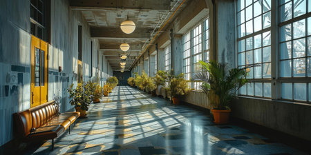 The great long hallway inside the architecture that similar to the hospital with a green tree and the bench that stay on the shiny cleaned floor that reflect a light in the brightest morning. AIGX03.の素材