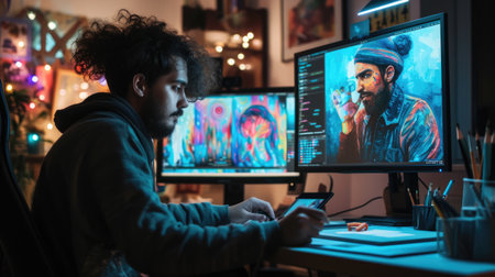 A creative professional is deeply focused on editing visual media on a computer, surrounded by a vibrant and artistic workspace. AIG41の素材