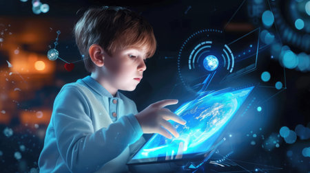 A young child is immersed in learning, exploring a virtual globe with an interactive display that illuminates the wonders of the world. AIG41の素材