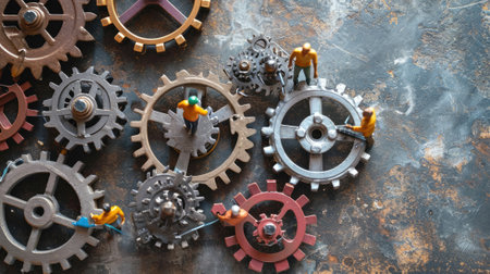 The miniature varies group of employed people that standing still on the uncompleted cogwheels trying to work together to find the solution for varies problems that they talking to each other. AIGX03.の素材