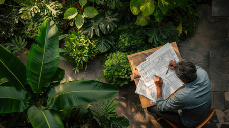 An overhead view of a landscape architect analyzing garden design plans amidst a lush green setting. AIG41の素材