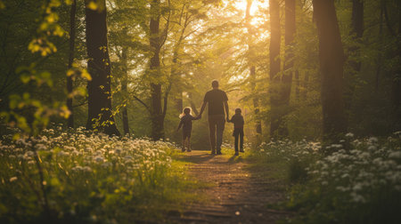 A woman and child stroll through a forest, hand in hand, amidst trees, plants, and natural woodland landscape. AIG41の素材