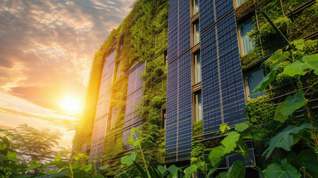 A building with solar panels, placed on a slope, against a sunset sky, creates an eco-friendly landscape. AIG41の素材