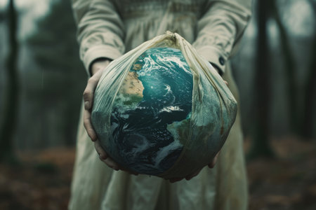 The picture of the person that has been holding the earth globe that come with the plastic bag that can stand for multiple meaning like protect the earth or keep the earth from plastic bag. AIGX01.の素材