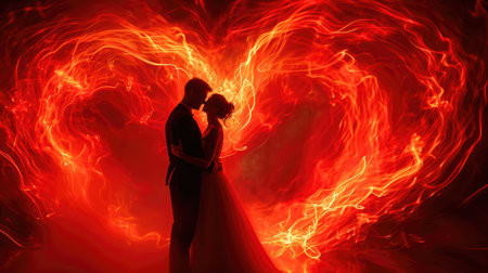 The picture about the caucasian couple hugging each other and wedding near the bright hot burning sparkling firework heart shape in the nighttime of the day like passionate of burning love. AIGX01.の素材
