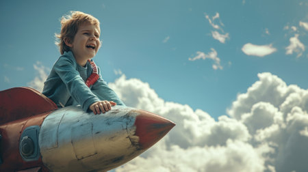 The side view of the picture that has the child flying into the bright sky with the flying object that has been called the rocket yet the size of a rocket so small but it size same with child. AIGX03.の素材