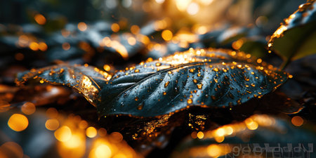 The picture of nature that focused to the gold leaf from tree in the forrest that stay on ground and got illuminated with the bright light of sunlight in the summer or spring time of the year. AIGX03.の素材