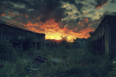 A fiery sunset looms over the ruins of an abandoned industrial factory, where nature slowly encroaches upon man-made structures. Resplendent.の素材